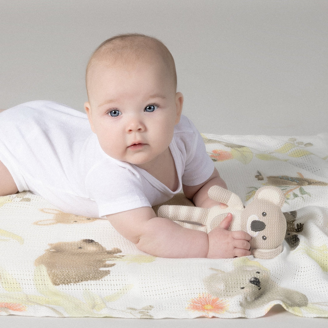 Aussie Animals Koala Knit Rattle &amp; Cellular Blanket Set - Plum