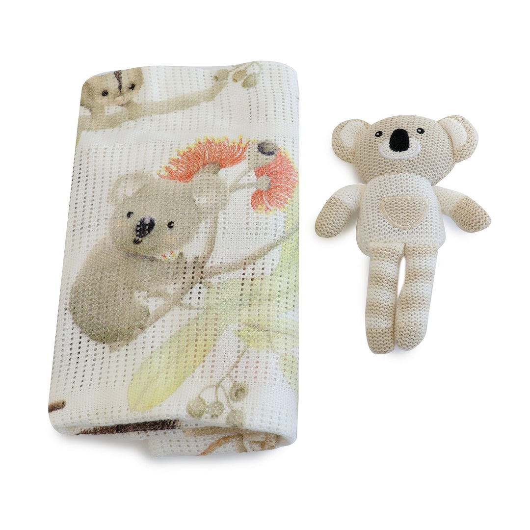Aussie Animals Koala Knit Rattle &amp; Cellular Blanket Set - Plum