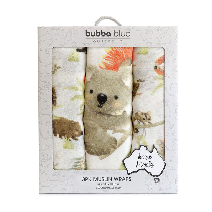 Aussie Animals 3pk Muslin Wraps - Plum