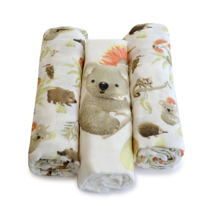 Aussie Animals 3pk Muslin Wraps - Plum