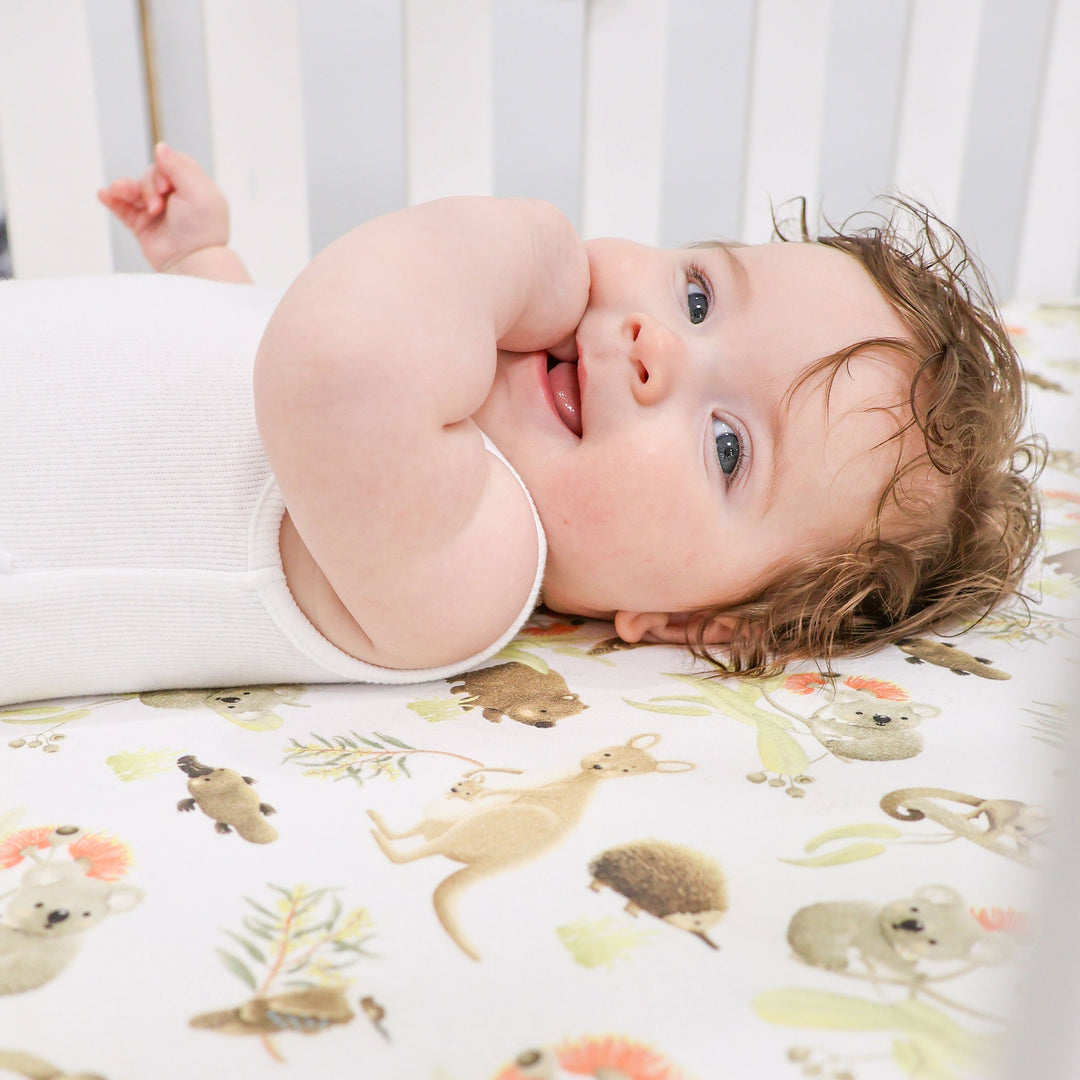 Aussie Animals Jersey Cot Fitted Sheet - Plum