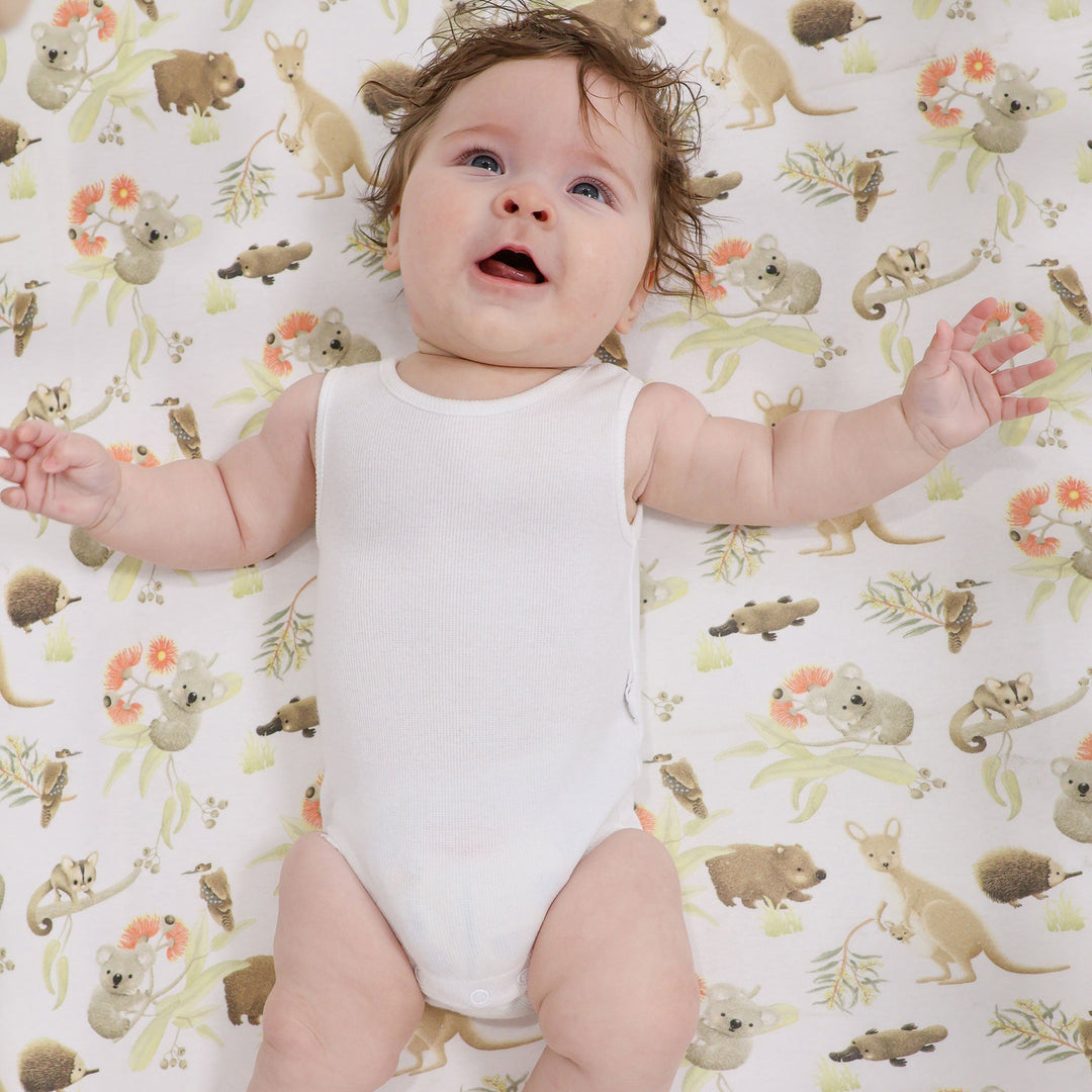 Aussie Animals Jersey Cot Fitted Sheet - Plum