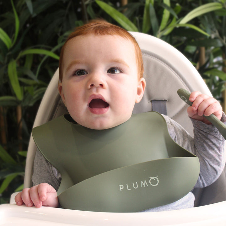 PLUM 3 Piece Silicone Bib and Spoon Set - Olive/Pesto