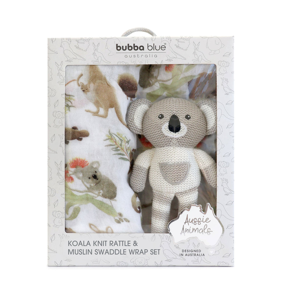 Aussie Animals Koala Muslin Swaddle Wrap and Knit Rattle Toy Gift Set - Plum