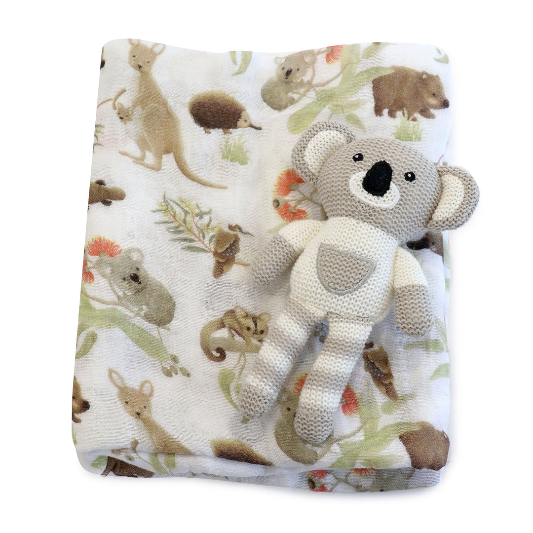 Aussie Animals Koala Muslin Swaddle Wrap and Knit Rattle Toy Gift Set - Plum
