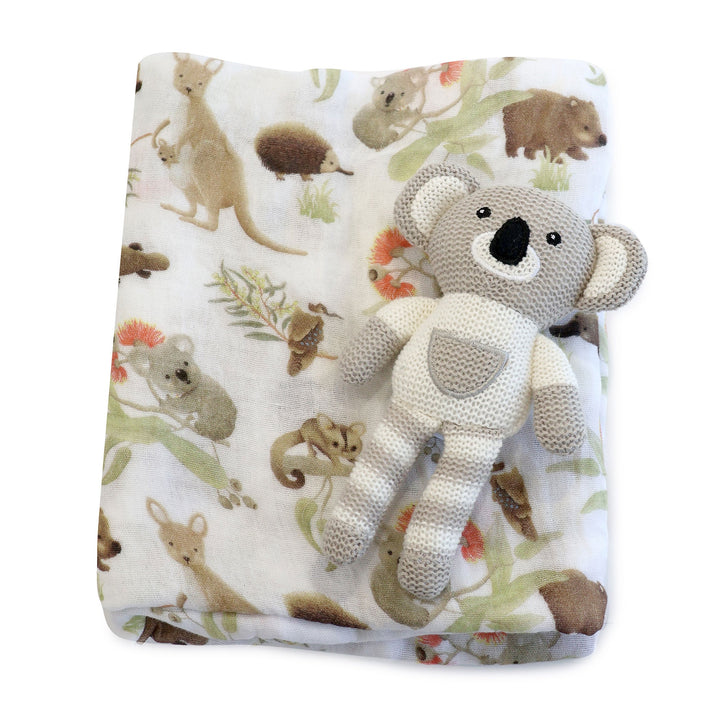 Aussie Animals Koala Muslin Swaddle Wrap and Knit Rattle Toy Gift Set - Plum
