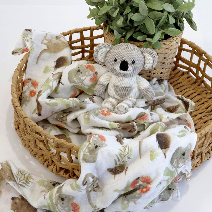 Aussie Animals Koala Muslin Swaddle Wrap and Knit Rattle Toy Gift Set - Plum