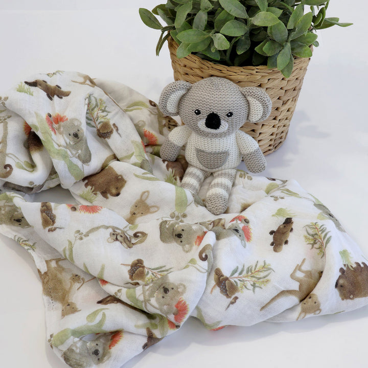 Aussie Animals Koala Muslin Swaddle Wrap and Knit Rattle Toy Gift Set - Plum