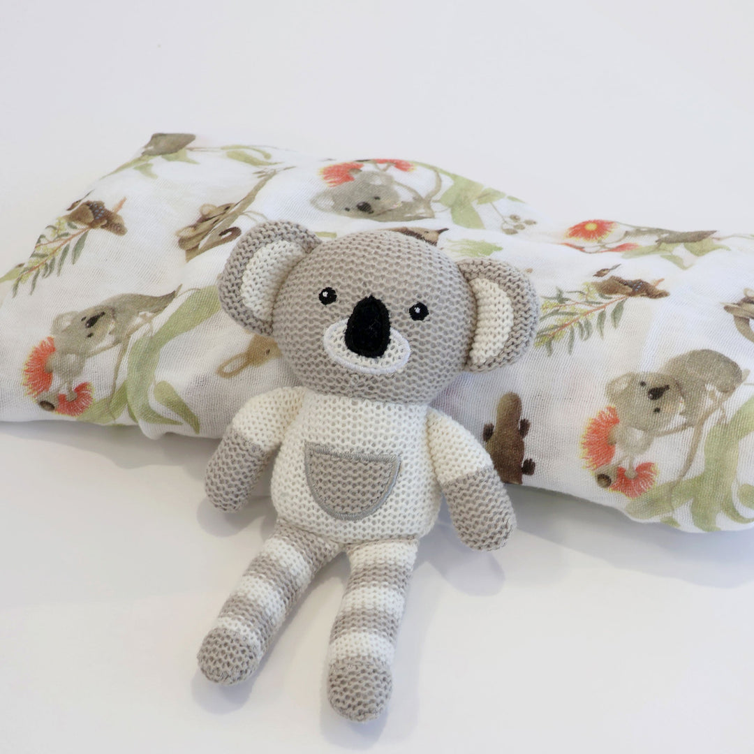 Aussie Animals Koala Muslin Swaddle Wrap and Knit Rattle Toy Gift Set - Plum