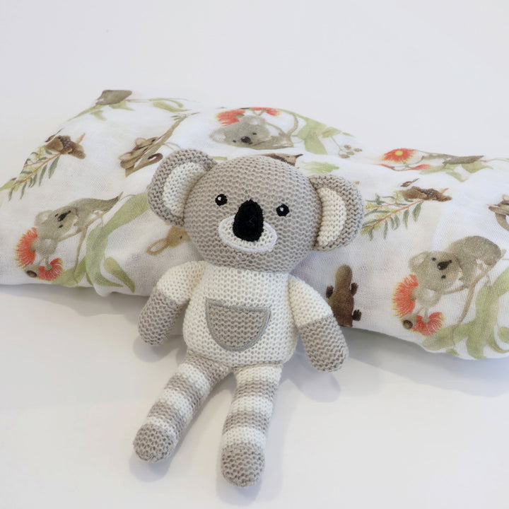Aussie Animals Koala Muslin Swaddle Wrap and Knit Rattle Toy Gift Set - Plum