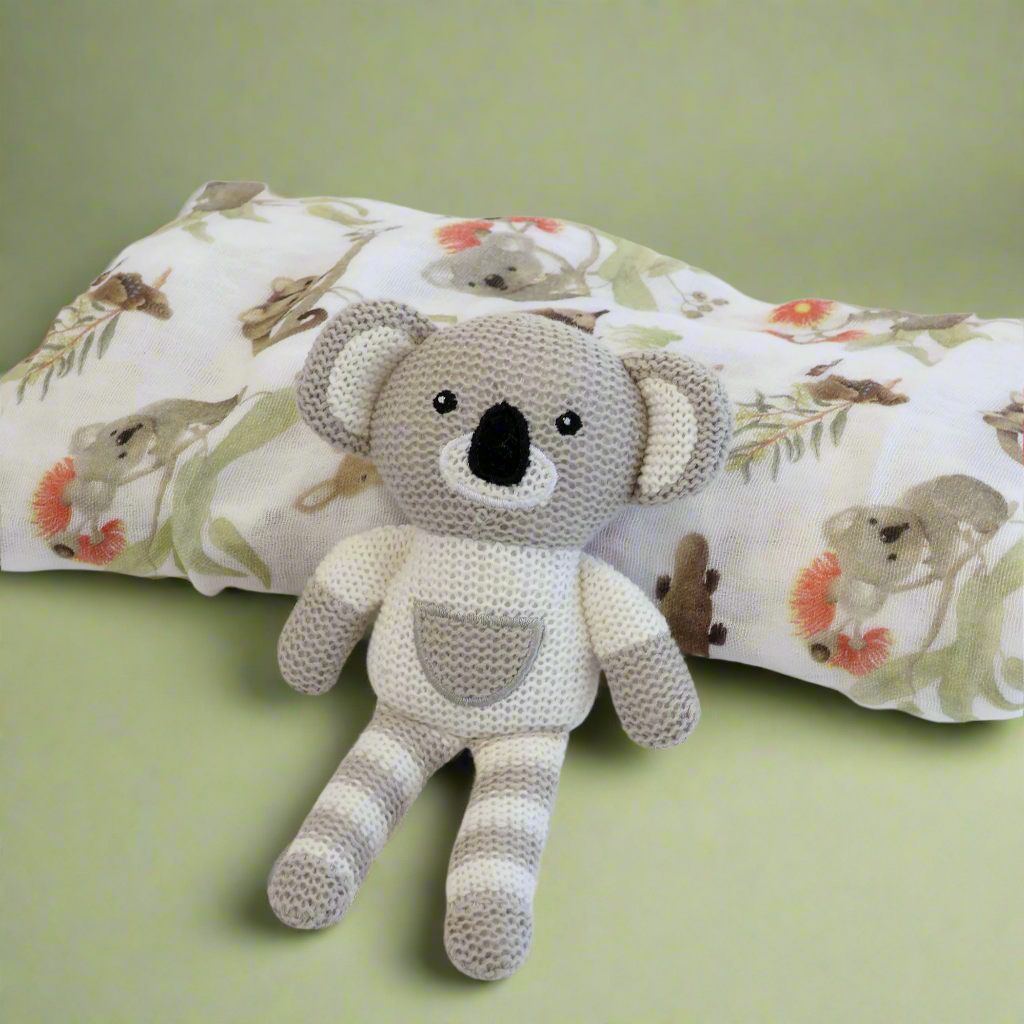 Aussie Animals Koala Muslin Swaddle Wrap and Knit Rattle Toy Gift Set - Plum