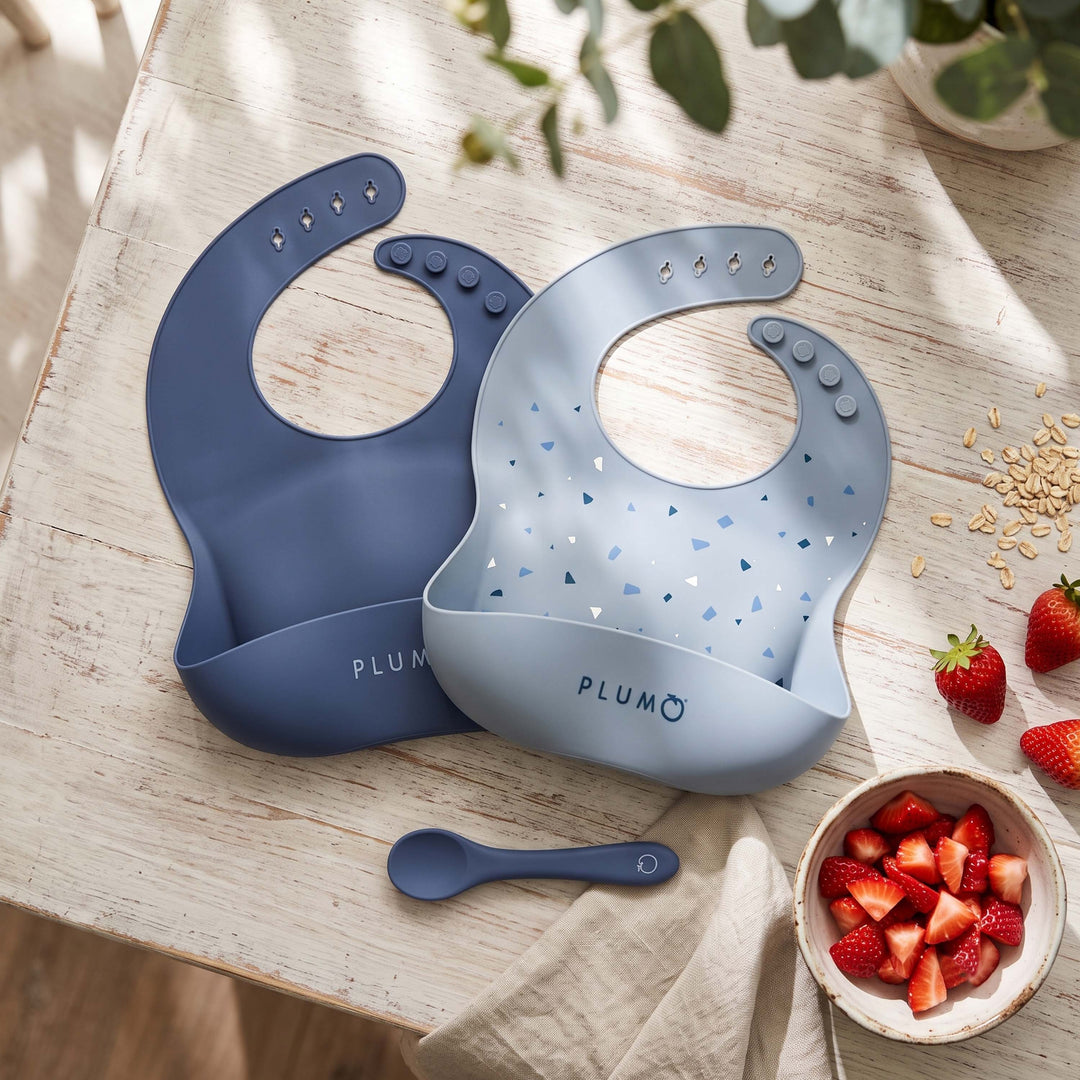 PLUM 3 Piece Silicone Bib and Spoon Set - Steel Blue/Denim