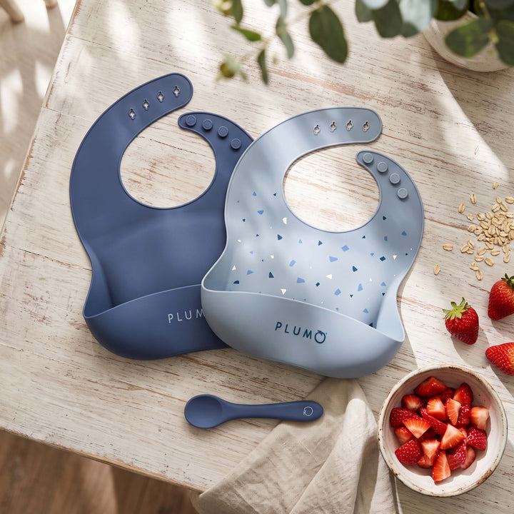 PLUM 3 Piece Silicone Bib and Spoon Set - Steel Blue/Denim