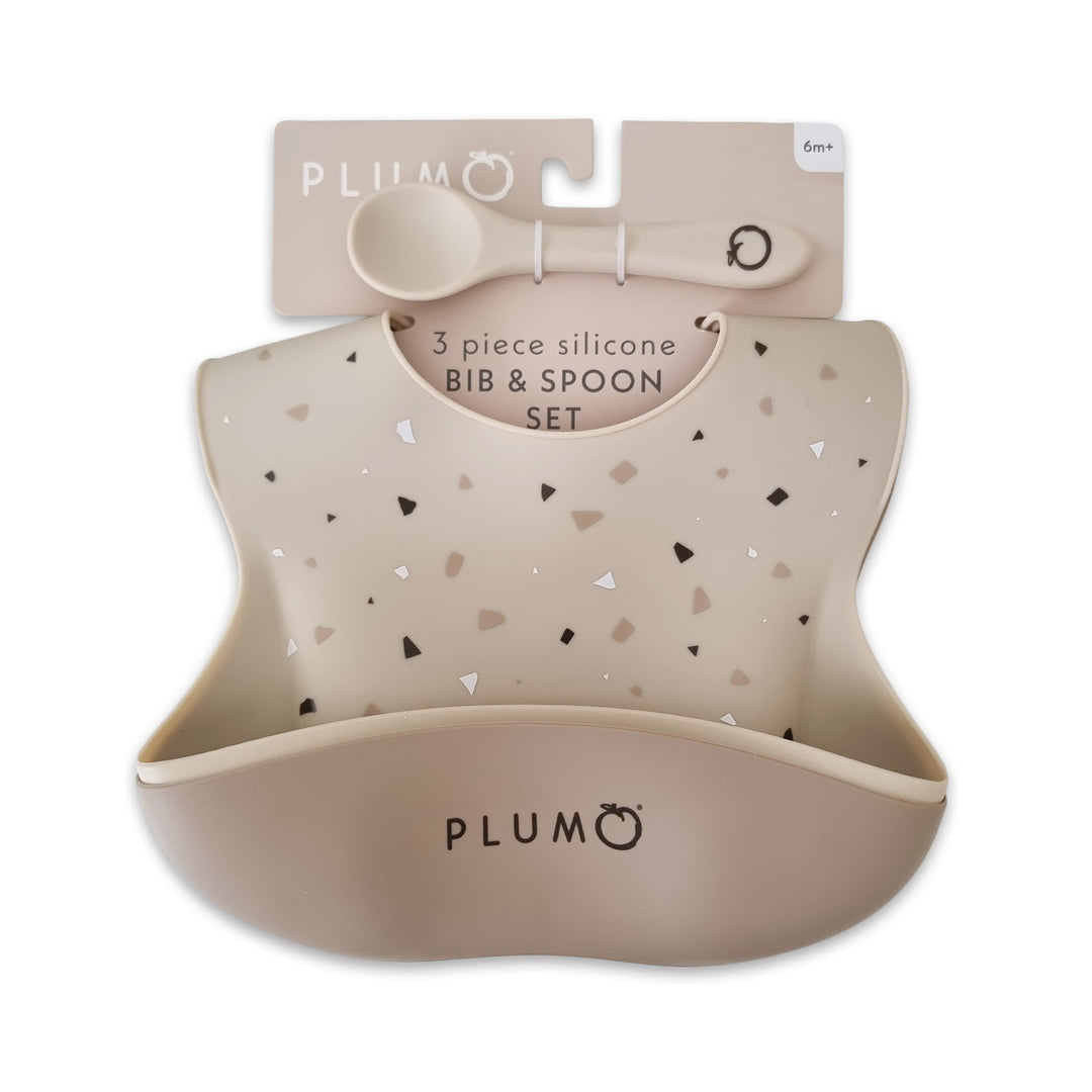 PLUM 3 Piece Silicone Bib and Spoon Set - Sand/Nutmeg