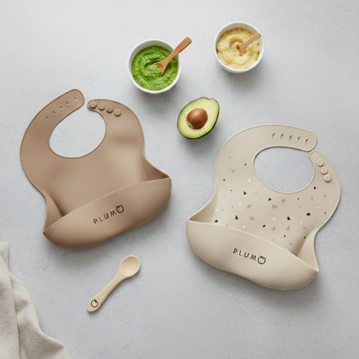 PLUM 3 Piece Silicone Bib and Spoon Set - Sand/Nutmeg