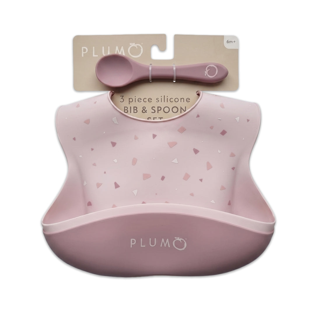 PLUM 3 Piece Silicone Bib and Spoon Set - Dusty Berry/Blush Pink