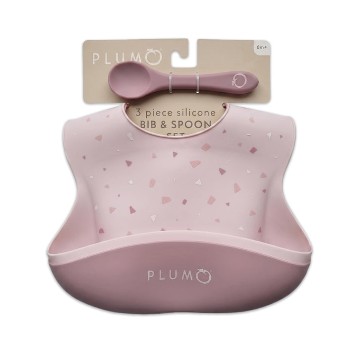 PLUM 3 Piece Silicone Bib and Spoon Set - Dusty Berry/Blush Pink