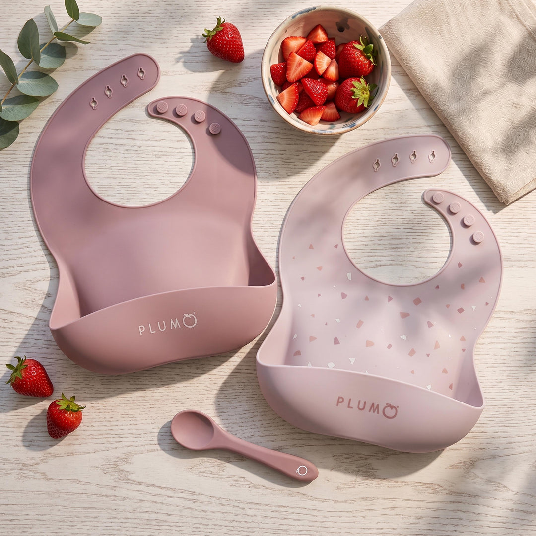 PLUM 3 Piece Silicone Bib and Spoon Set - Dusty Berry/Blush Pink