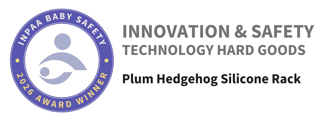 Innovation and safety technology hard goods award for Plum Hedgehog Silicone Rack with a blue and white logo.