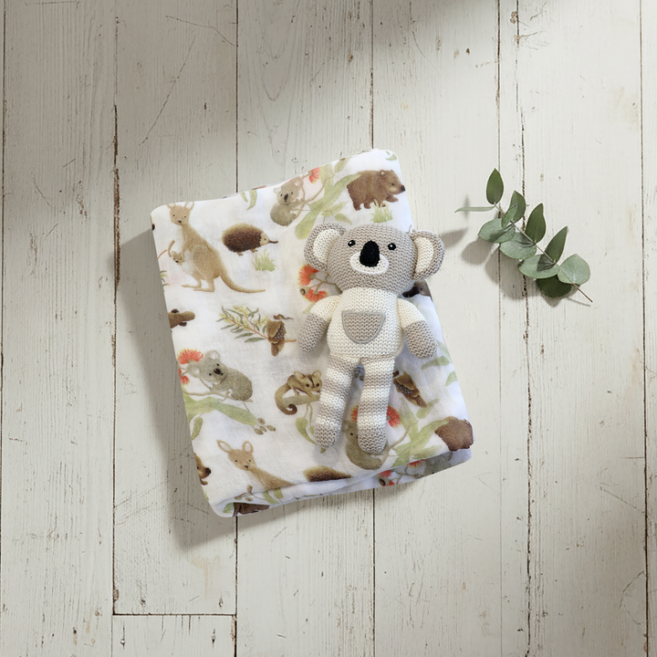 Aussie Animals Koala Muslin Swaddle Wrap and Knit Rattle Toy Gift Set - Plum