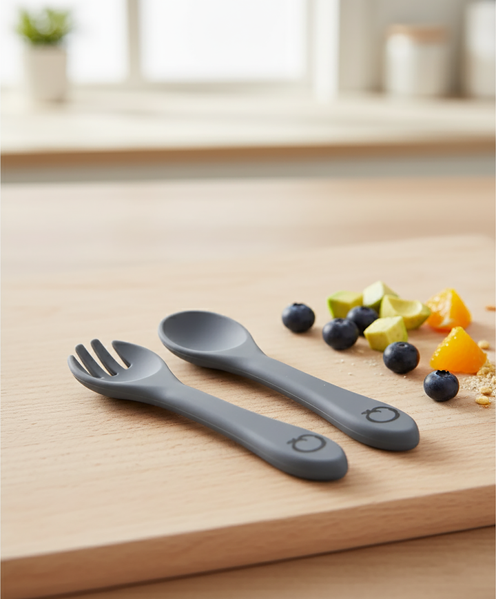 Plum Silicone 2pk Fork & Spoon Set - Grey