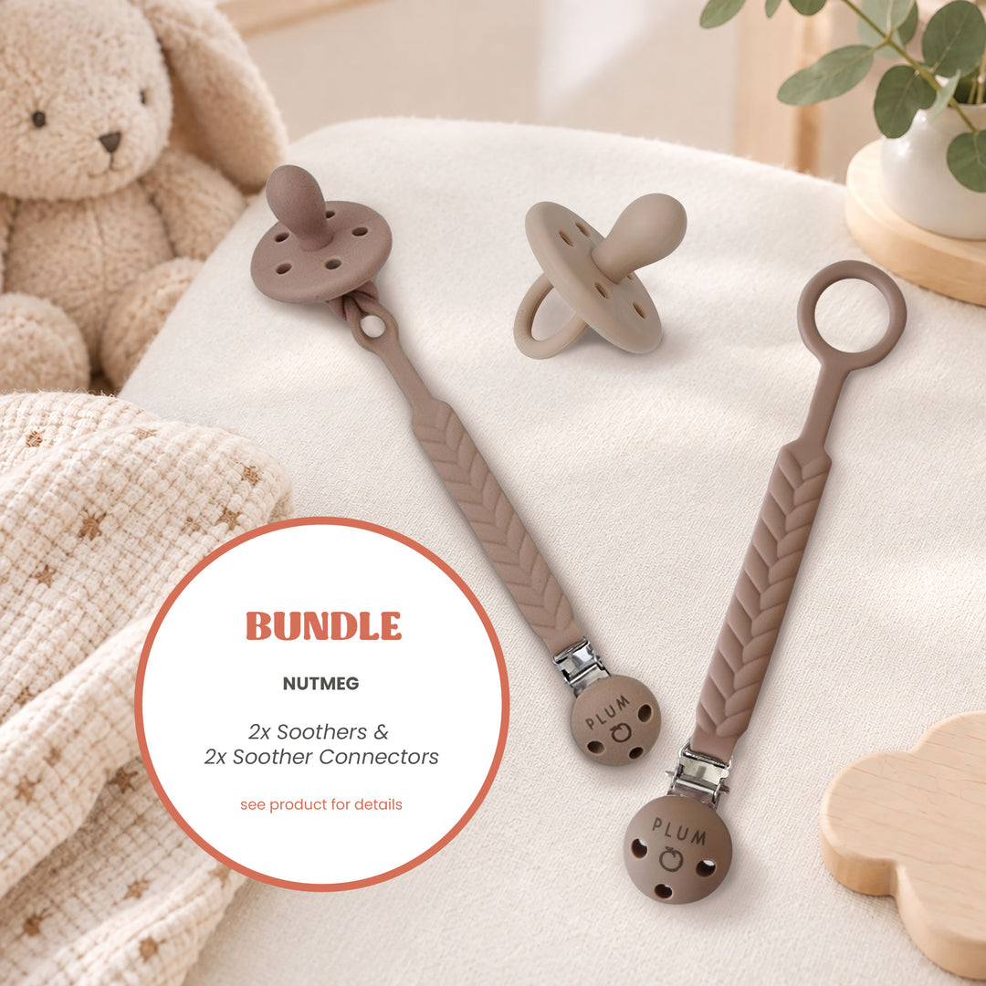 Plum Silicone 2x Soothers &amp; 2x Connectors Bundle - Nutmeg(NB-6M)