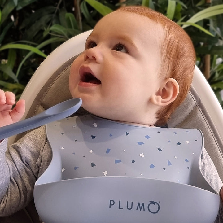 PLUM 3 Piece Silicone Bib and Spoon Set - Steel Blue/Denim
