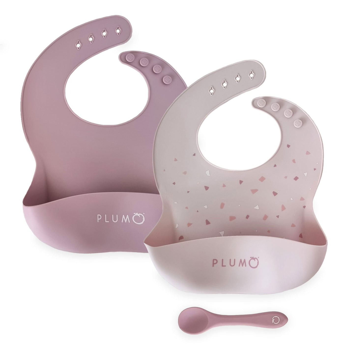 PLUM 3 Piece Silicone Bib and Spoon Set - Dusty Berry/Blush Pink