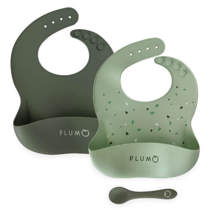 PLUM 3 Piece Silicone Bib and Spoon Set - Olive/Pesto