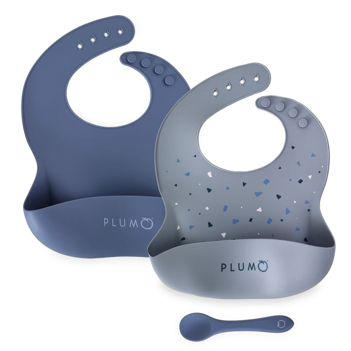 PLUM 3 Piece Silicone Bib and Spoon Set - Steel Blue/Denim